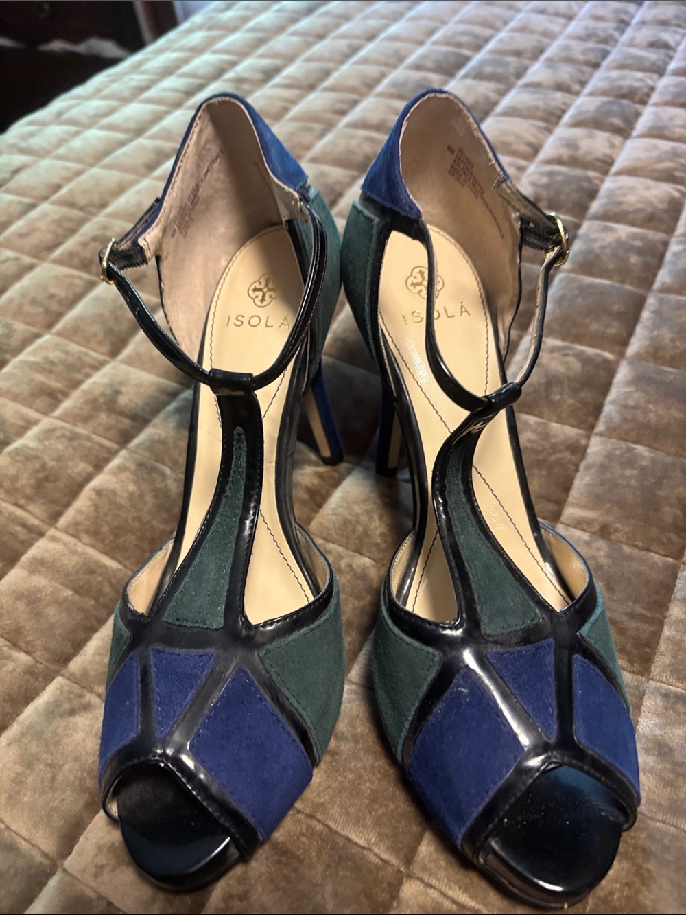 Isola Blue and Green Suede T-Strap Heels with Black Patent Trim